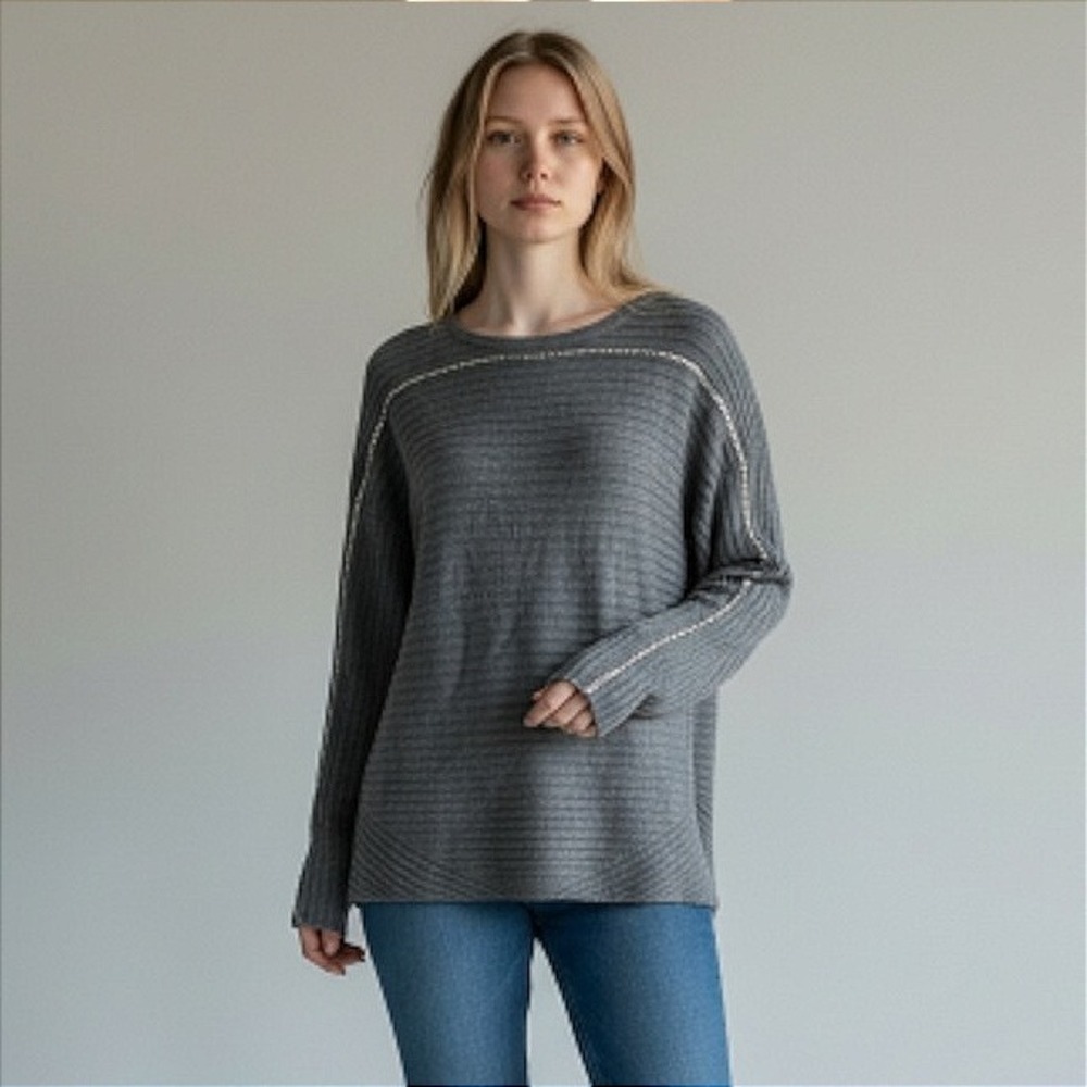 PAIGE Helena Cashmere Gray Sweater Wool Angora Blend Ribbed Chain‎ Detail Size L